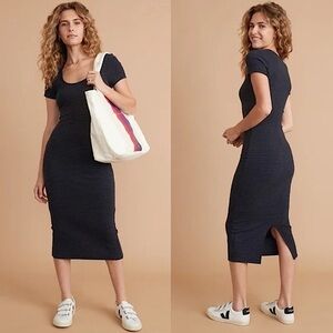 Marine Layer Lexi Rib Short Sleeve Midi Dress Black Blue Stripes Size Small